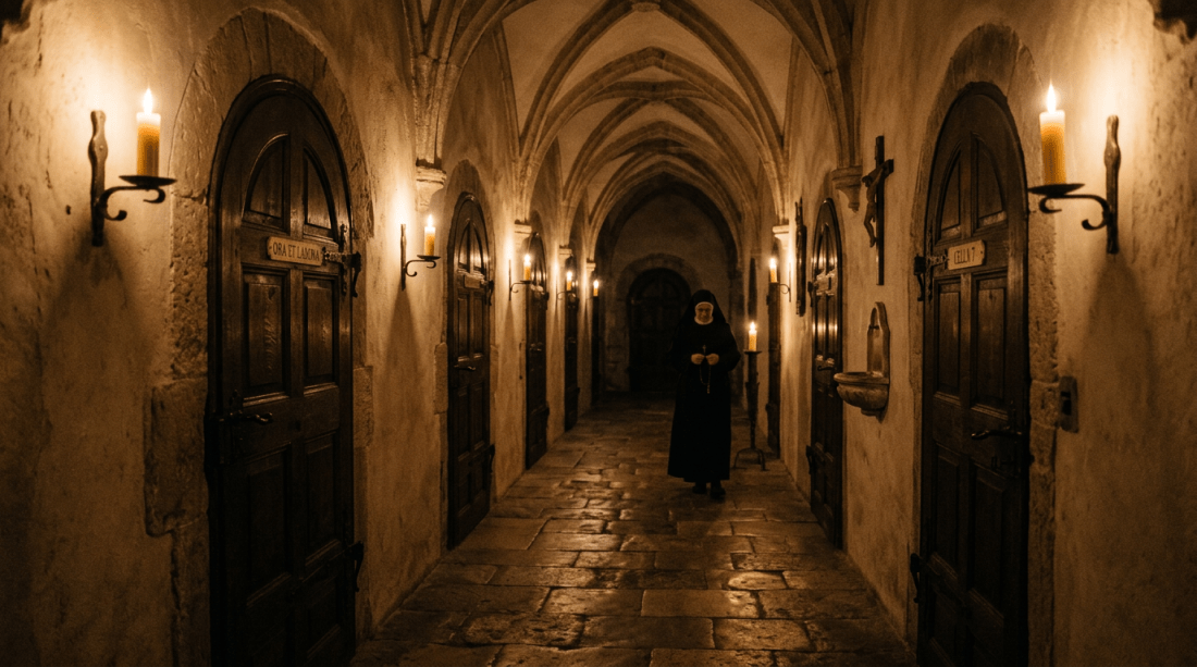 Nun walking in stone monastery hallway lit by candles beside wooden doors