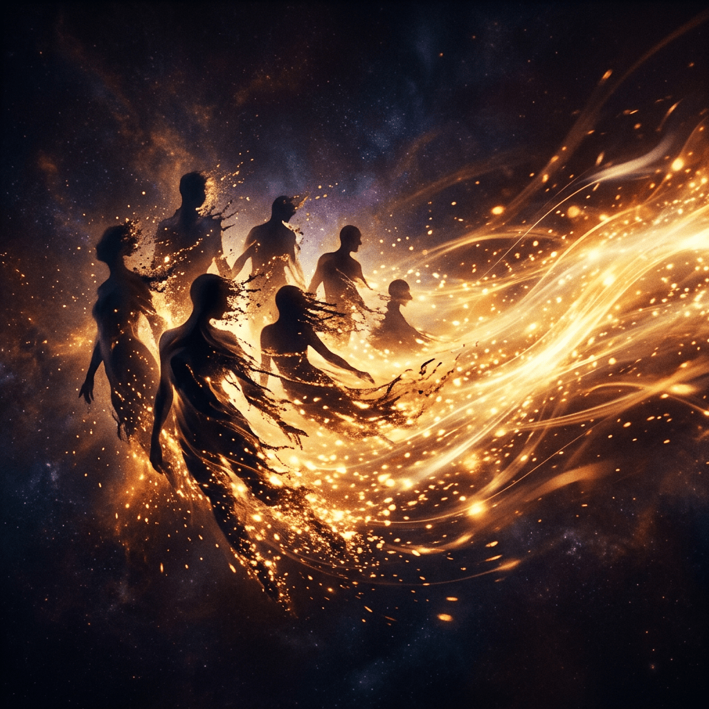 Shadowy human forms merging with golden light energy in space