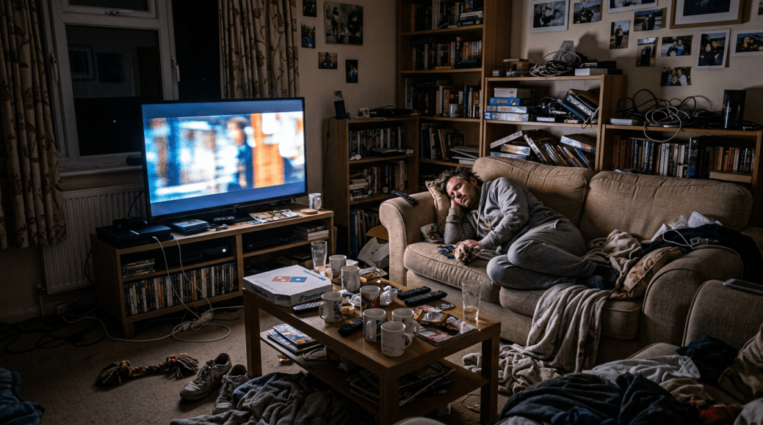 Man sleeping on beige couch in a cluttered living room with TV on and empty cups on table
