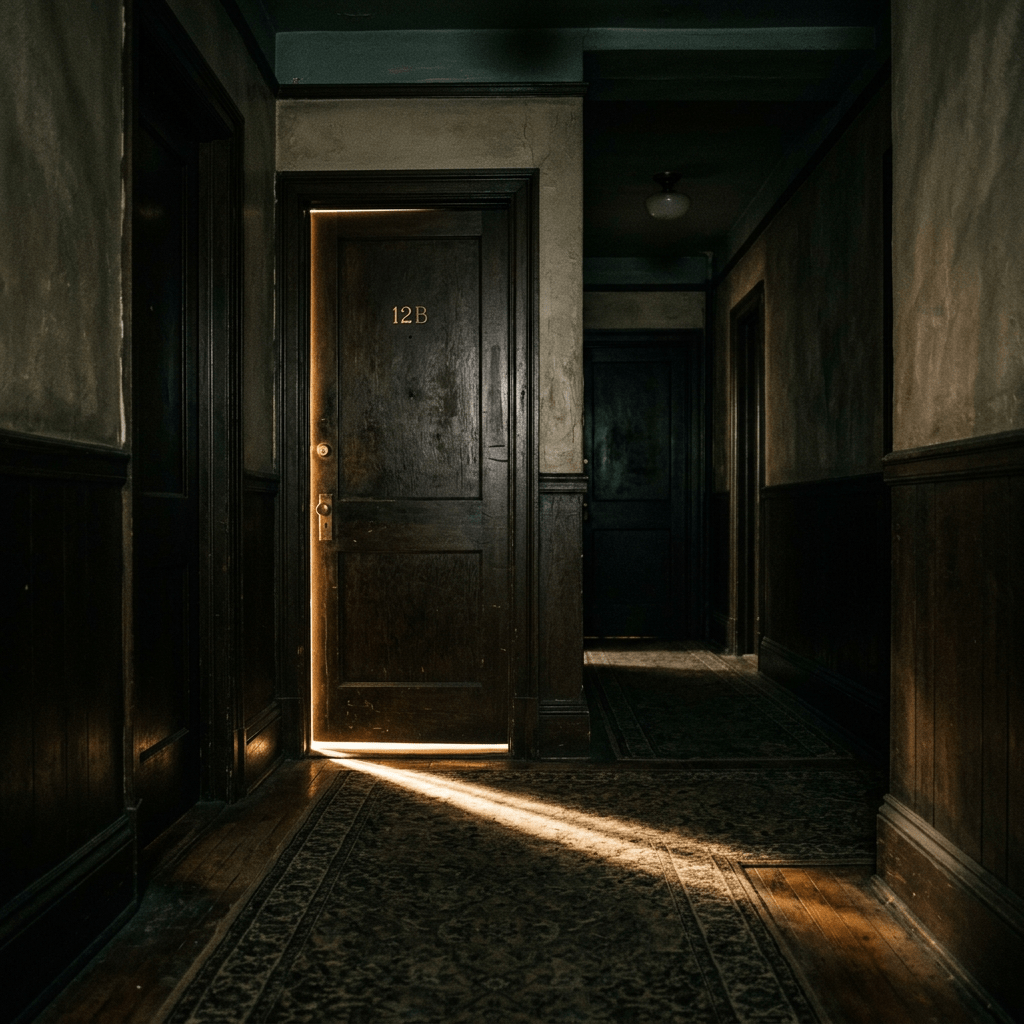 Dim hallway with wooden door labeled 12B slightly ajar letting light in