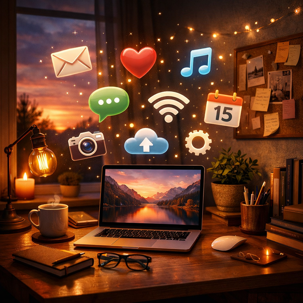Laptop on wooden desk with coffee cup, glasses, lamp, and floating digital icons
