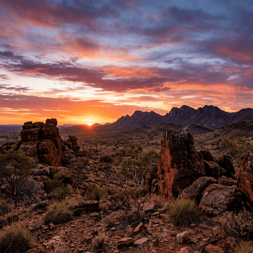 Sunset over rocky desert terrain with scattered vegetation and distant mountain range under colorful sky
