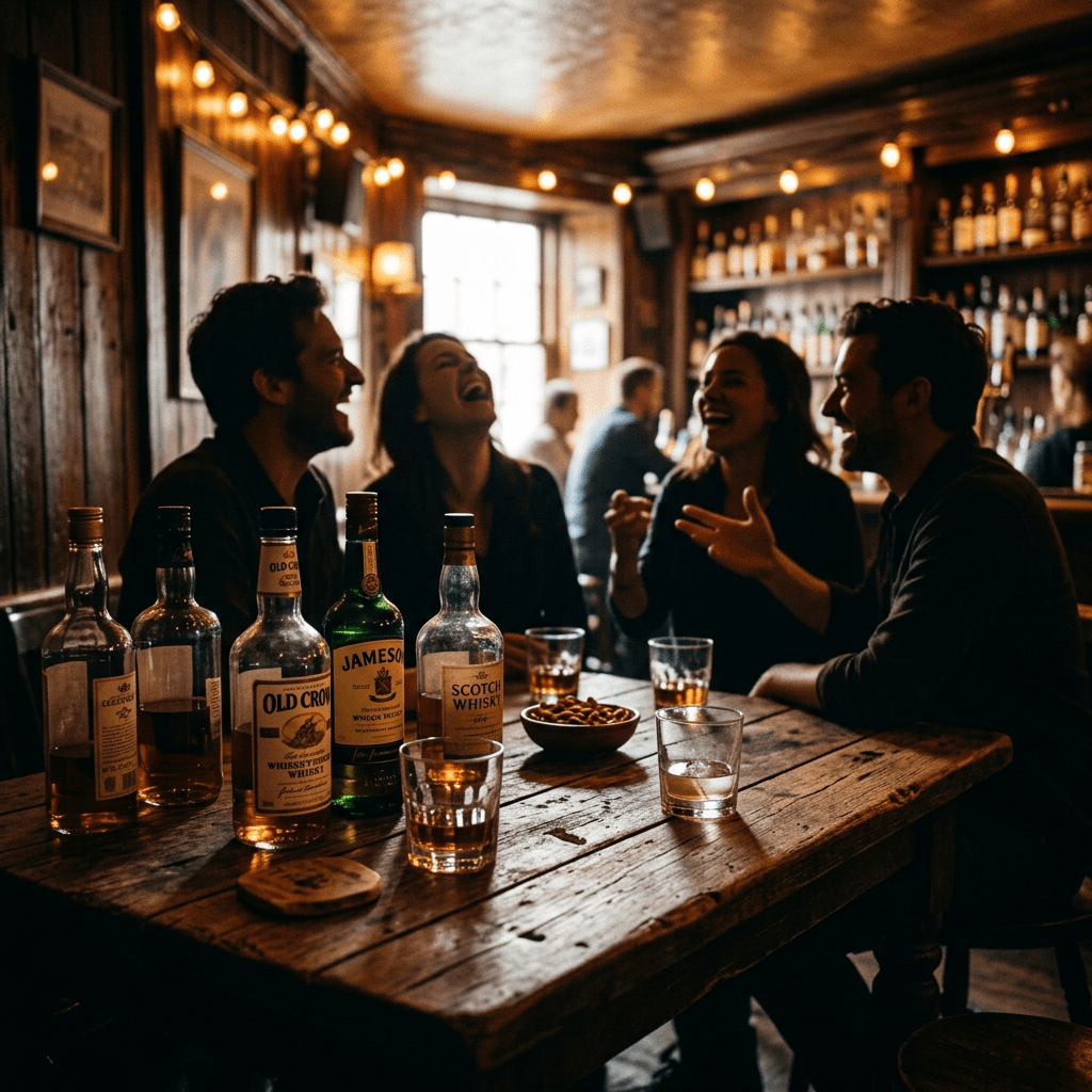 Four friends sitting at a wooden table with whiskey bottles and glasses, laughing in a cozy pub