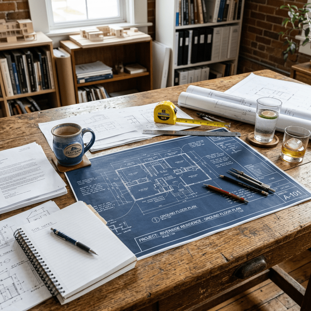 Architectural blueprints, measuring tape, pencils, notebook, coffee mug, and drinks on a wooden desk