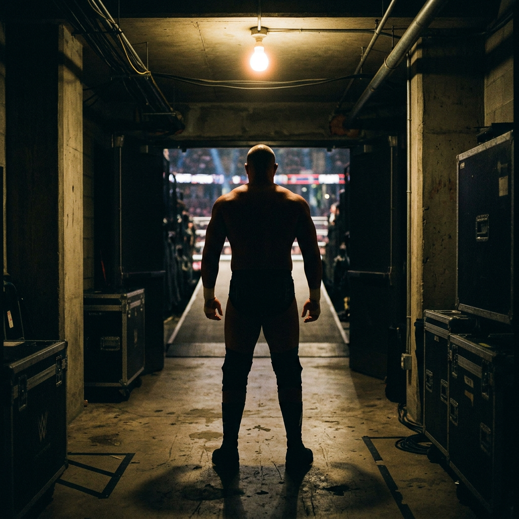 Silhouetted wrestler standing in a backstage corridor facing an arena entrance