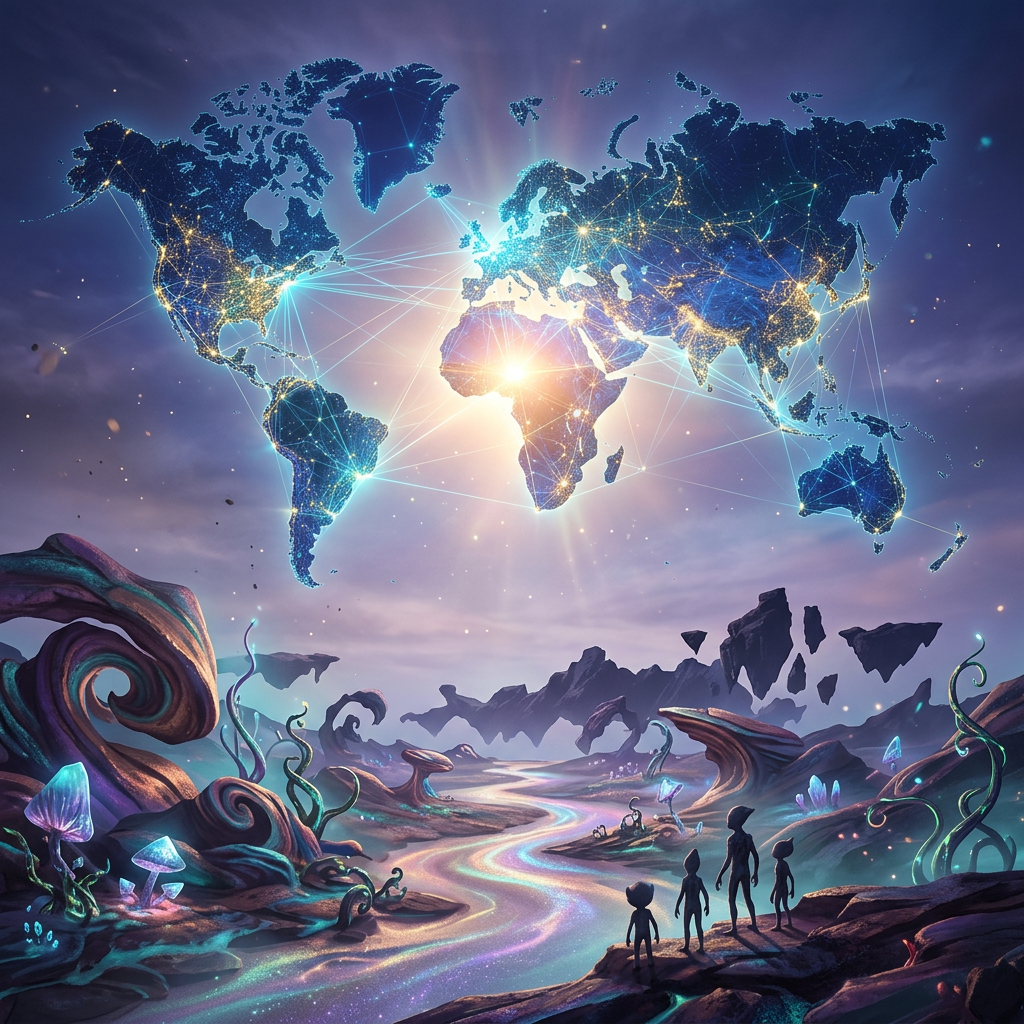 Glowing digital world map connected by network lines hovering over a surreal alien landscape with five silhouetted humanoid figures