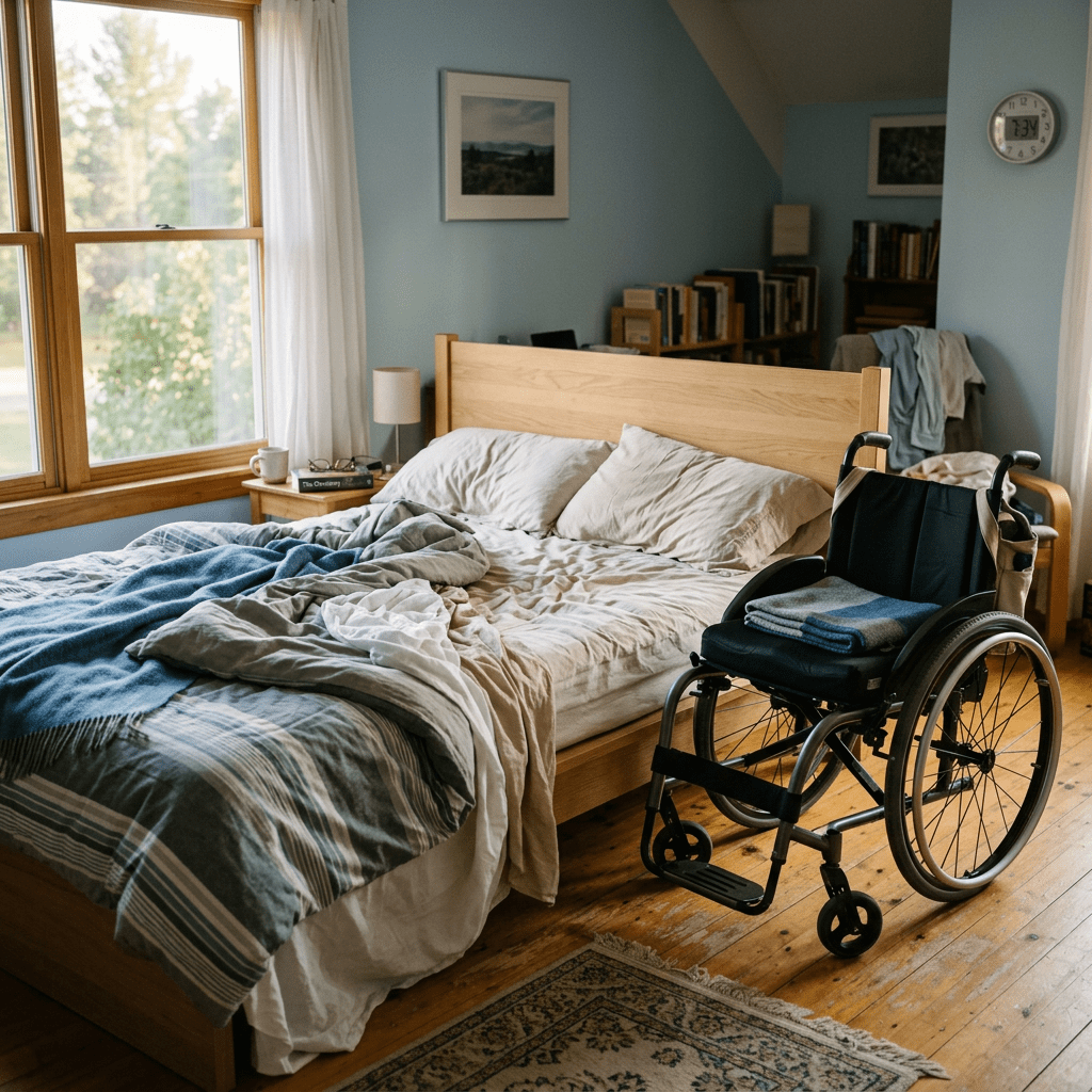 Bedroom with wooden bed, unmade bedding, and a wheelchair beside it
