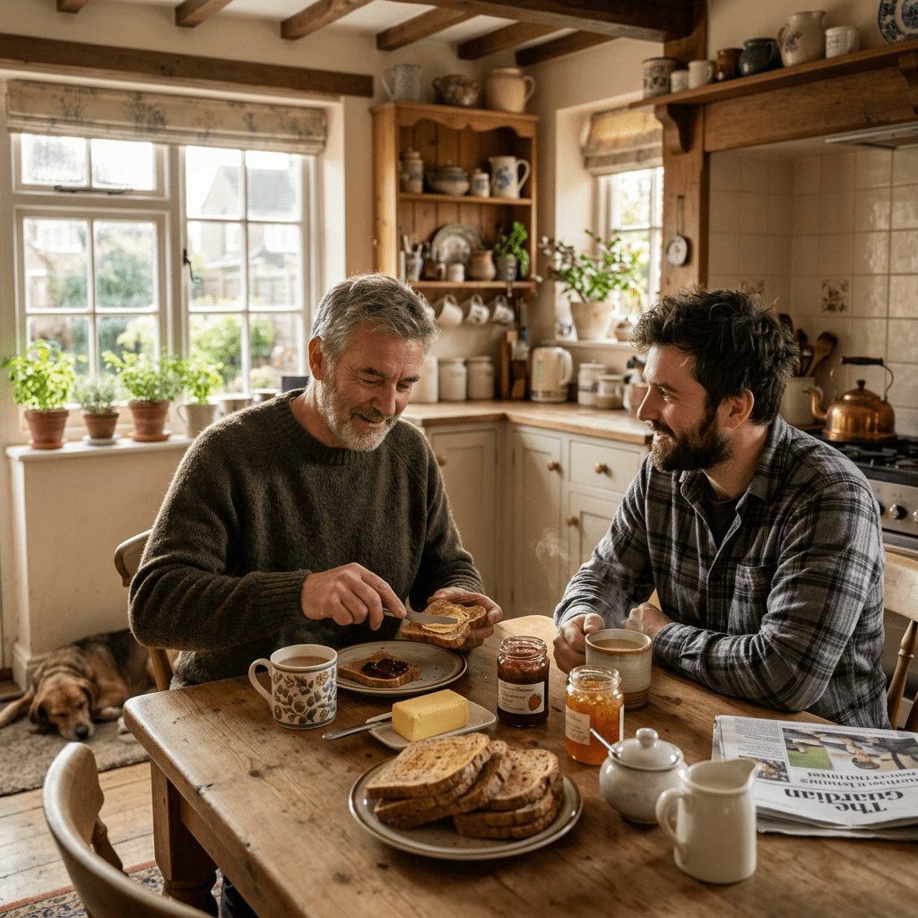 Two men sitting at a wooden kitchen table having breakfast with toast, jam, and coffee