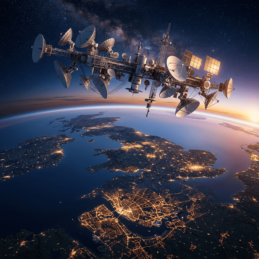 Satellite with numerous antennas and solar panels orbiting Earth showing illuminated city lights at dusk