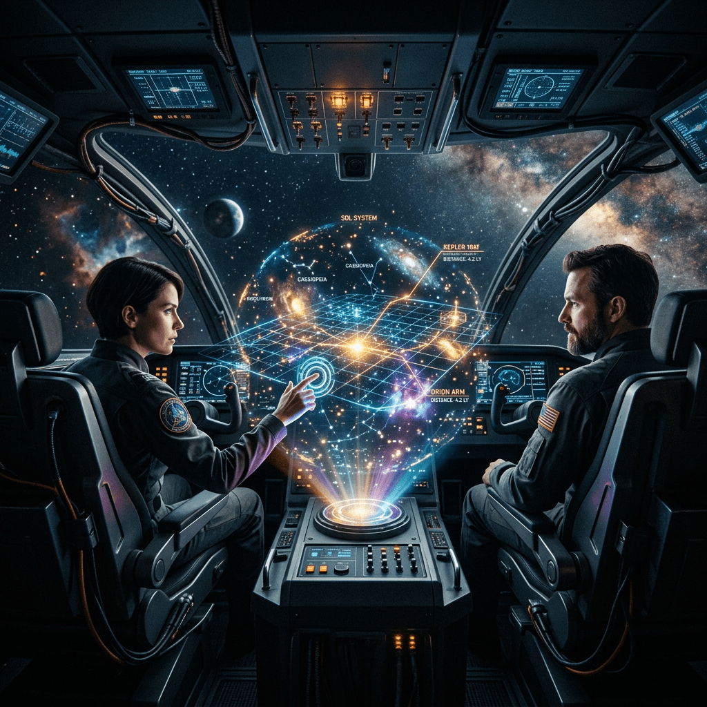 Two astronauts inside a spaceship cockpit interacting with a holographic star map showing constellations and distant star systems