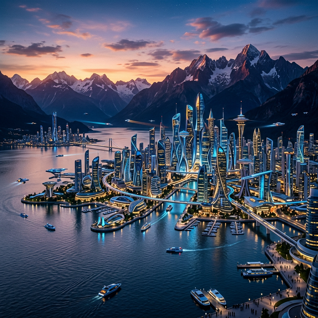Futuristic cityscape with tall illuminated skyscrapers, waterways, boats, and mountains at sunset