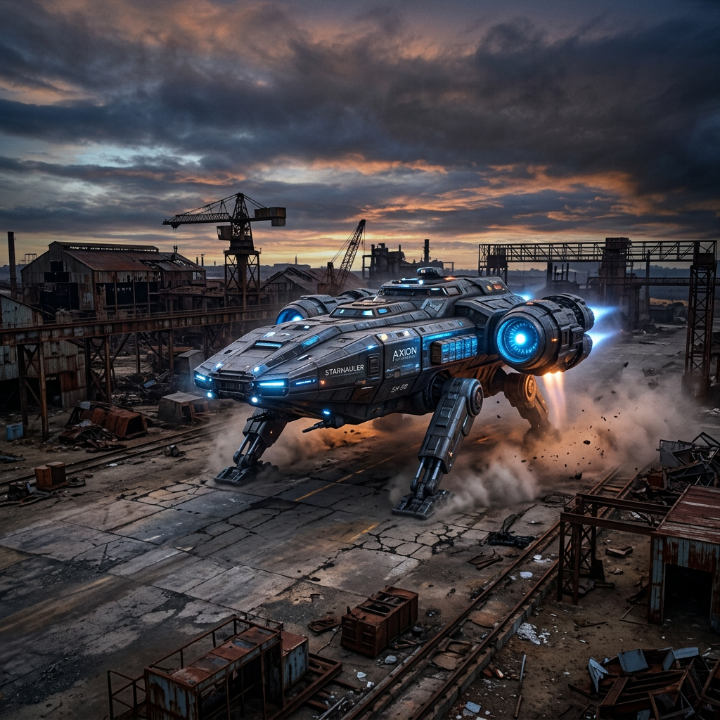 Large futuristic mech vehicle with glowing engines moving through rusty industrial ruins