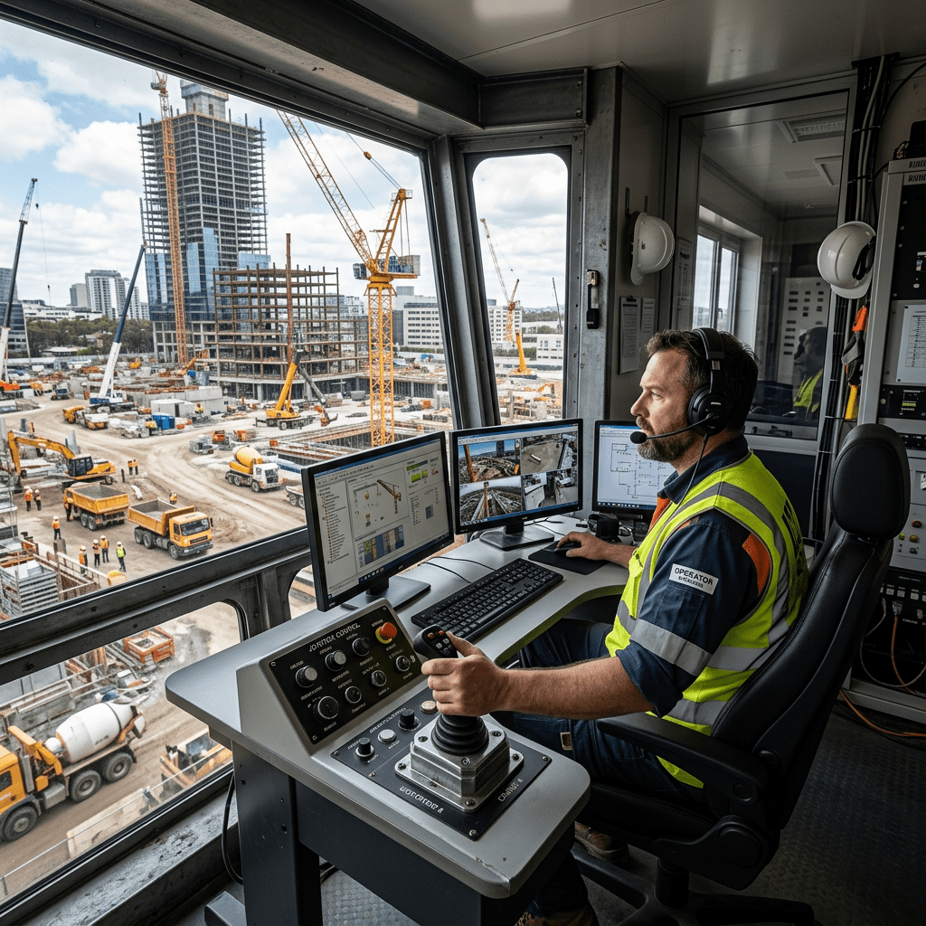 Crane operator using joystick and screens to manage large construction site with cranes and vehicles