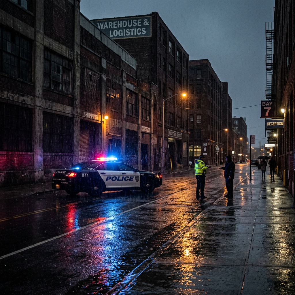 Police officer in reflective jacket speaking with a man on a rainy urban street at night with a police car.