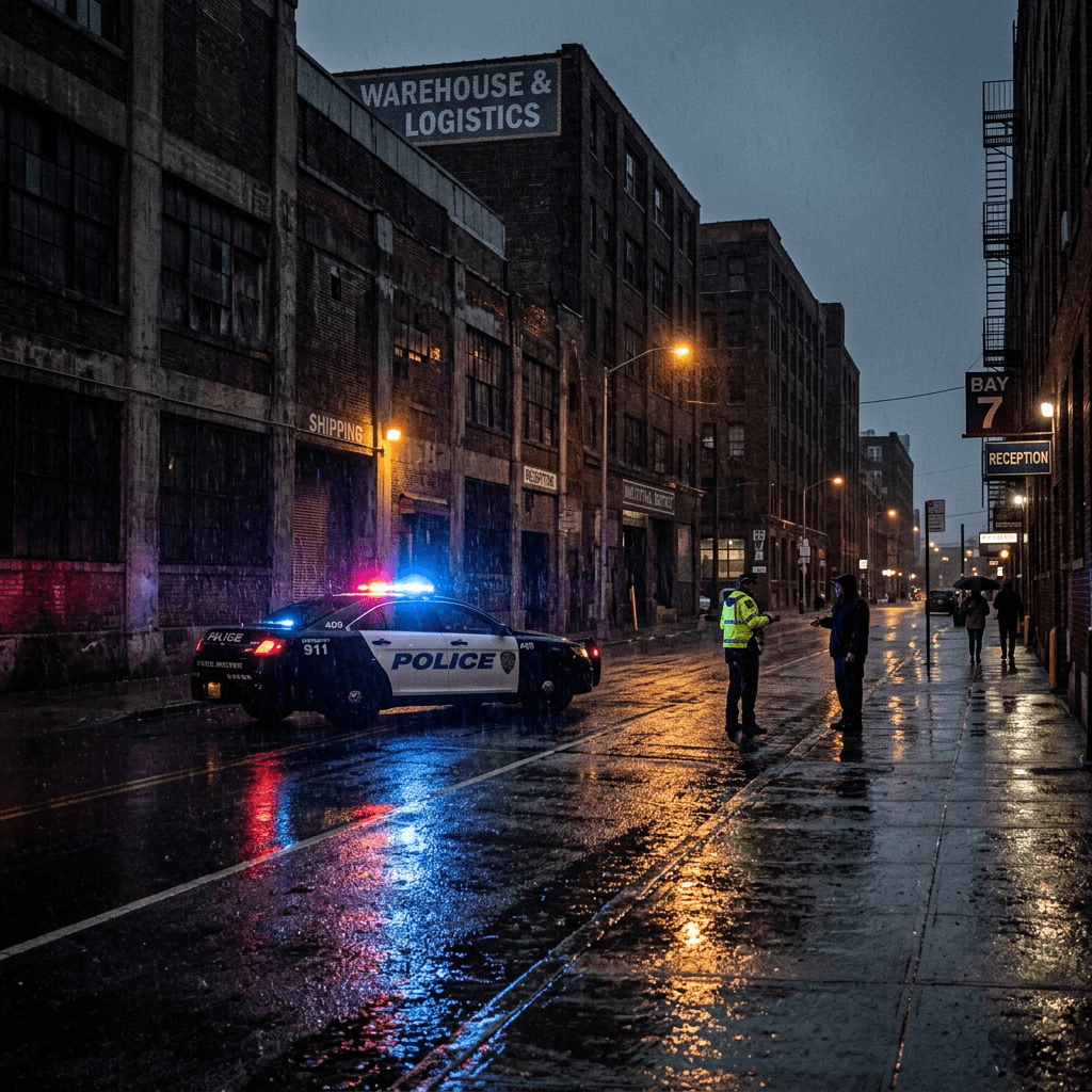 Police officer in reflective jacket speaking with a man on a rainy urban street at night with a police car.
