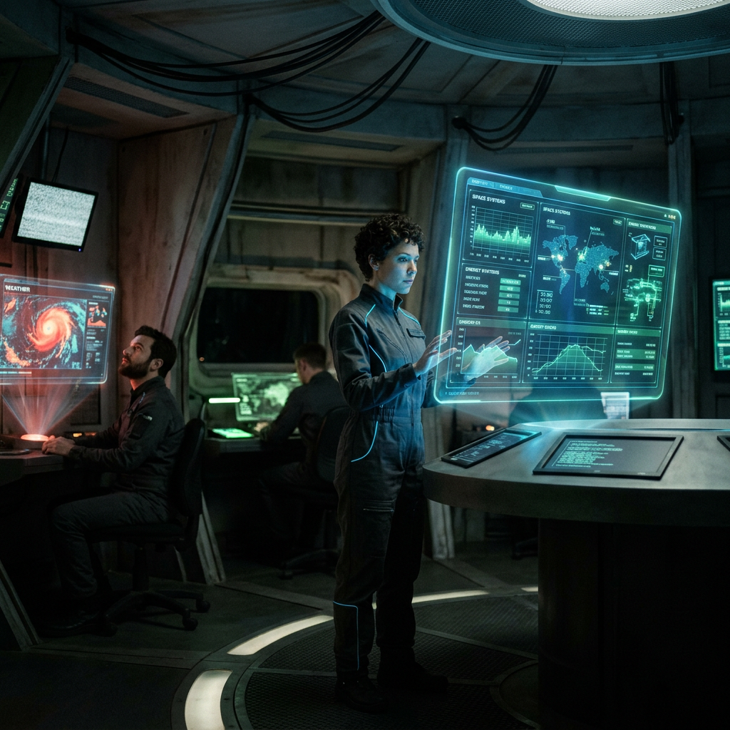 Three people in a futuristic control room using holographic screens showing weather and data graphics.
