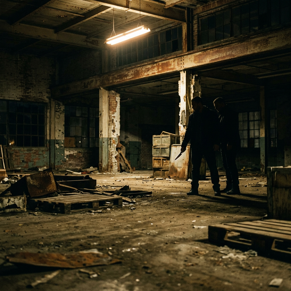 Two people in dark clothing in a rundown warehouse with one holding a knife