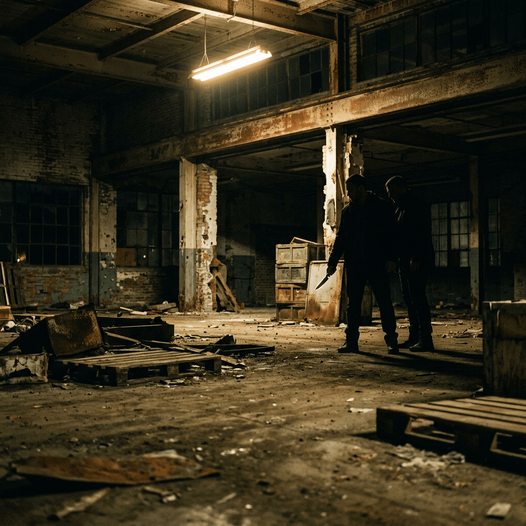 Two people in dark clothing in a rundown warehouse with one holding a knife