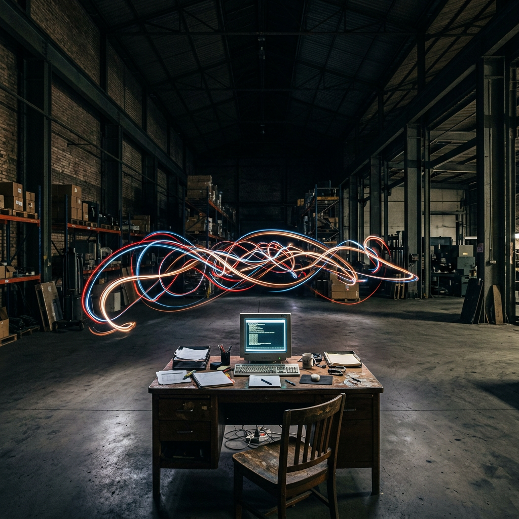 Old wooden desk with computer and documents in a large, dimly lit warehouse with colorful light trails above