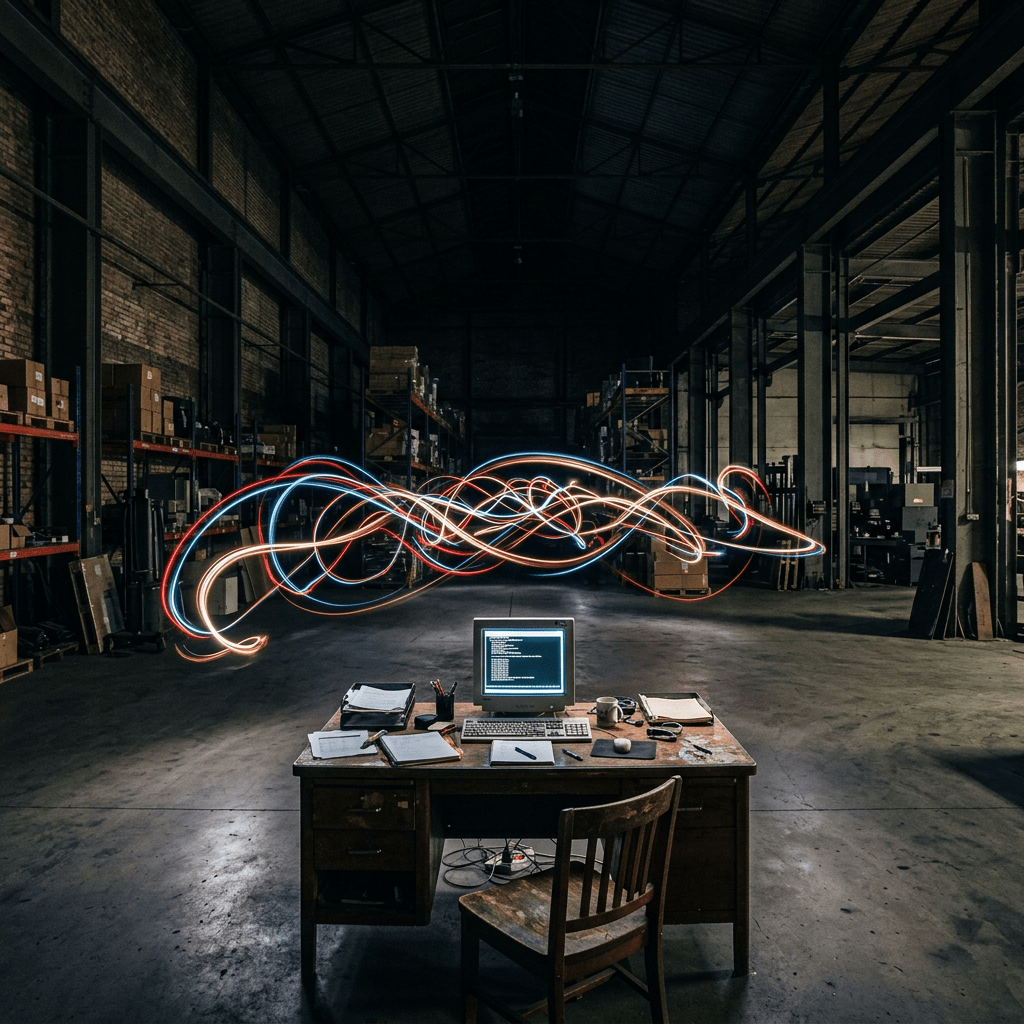 Old wooden desk with computer and documents in a large, dimly lit warehouse with colorful light trails above