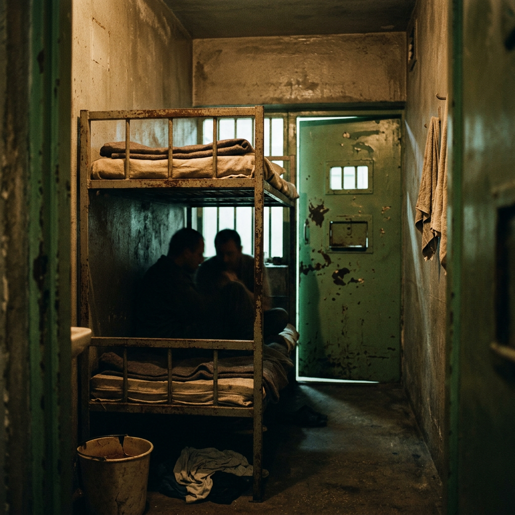 Two men sitting on a lower bunk bed inside a small, dim prison cell with peeling paint and rusty metal bars