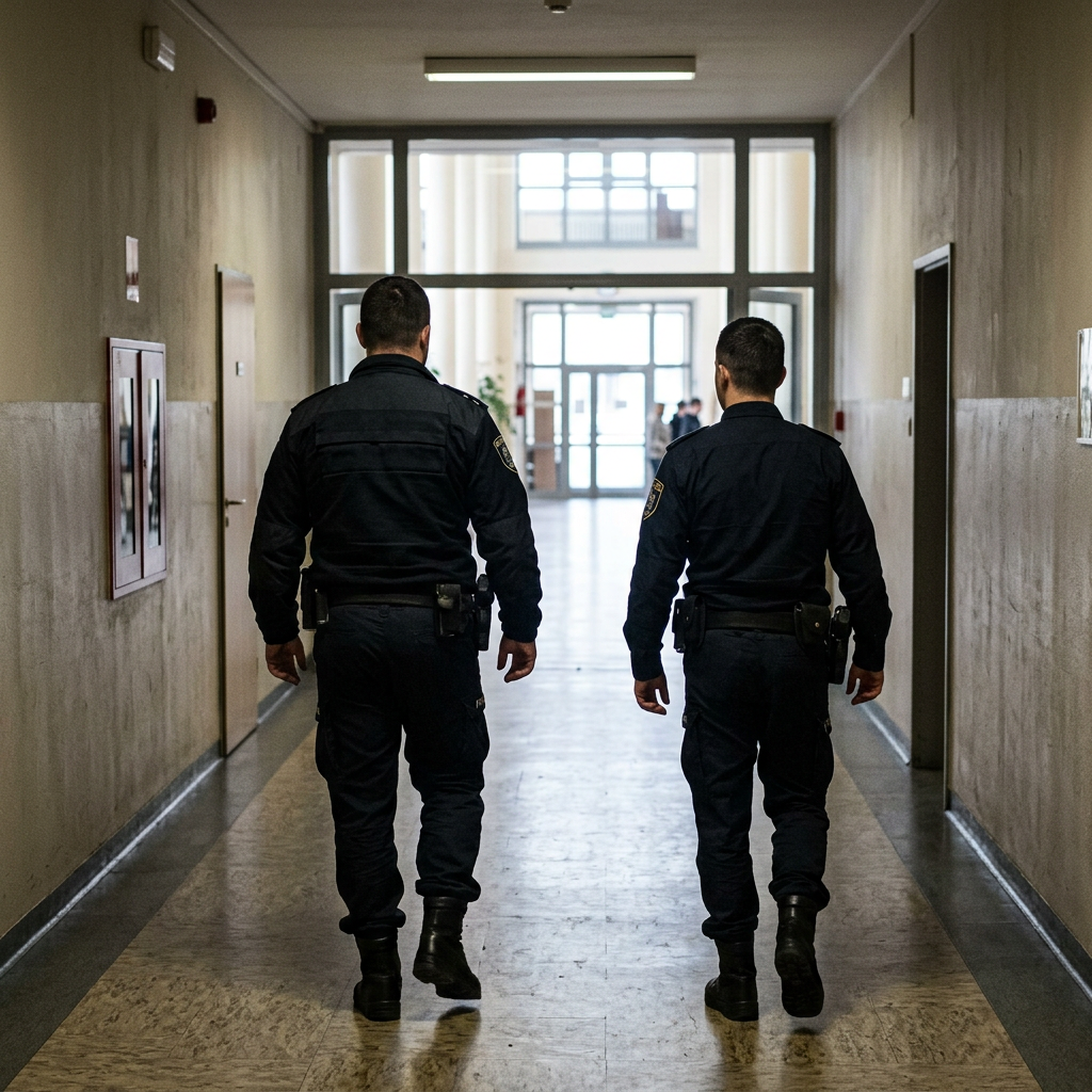Two police officers walking down an institutional hallway facing away from the camera