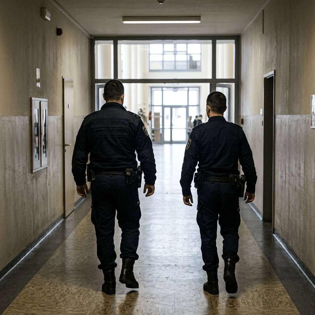 Two police officers walking down an institutional hallway facing away from the camera