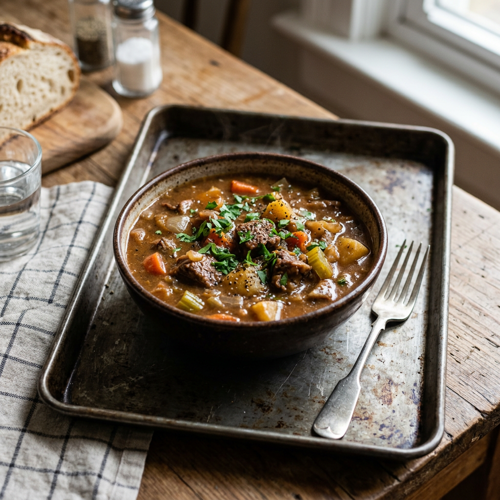 Bowl of beef stew with chunks of meat, carrots, potatoes, and celery topped with chopped parsley