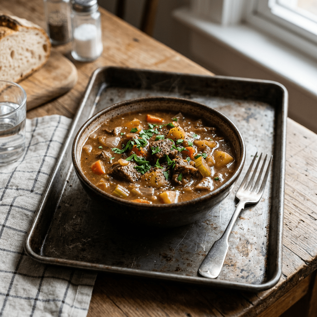 Bowl of beef stew with chunks of meat, carrots, potatoes, and celery topped with chopped parsley