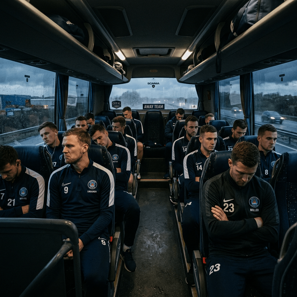 Football players in navy training gear seated on a bus marked 'Away Team' on a rainy day.