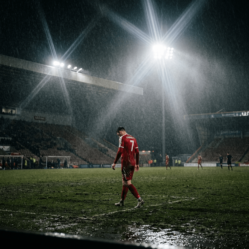 Soccer player in red jersey with number 7 walking on a wet, muddy soccer field at night in the rain