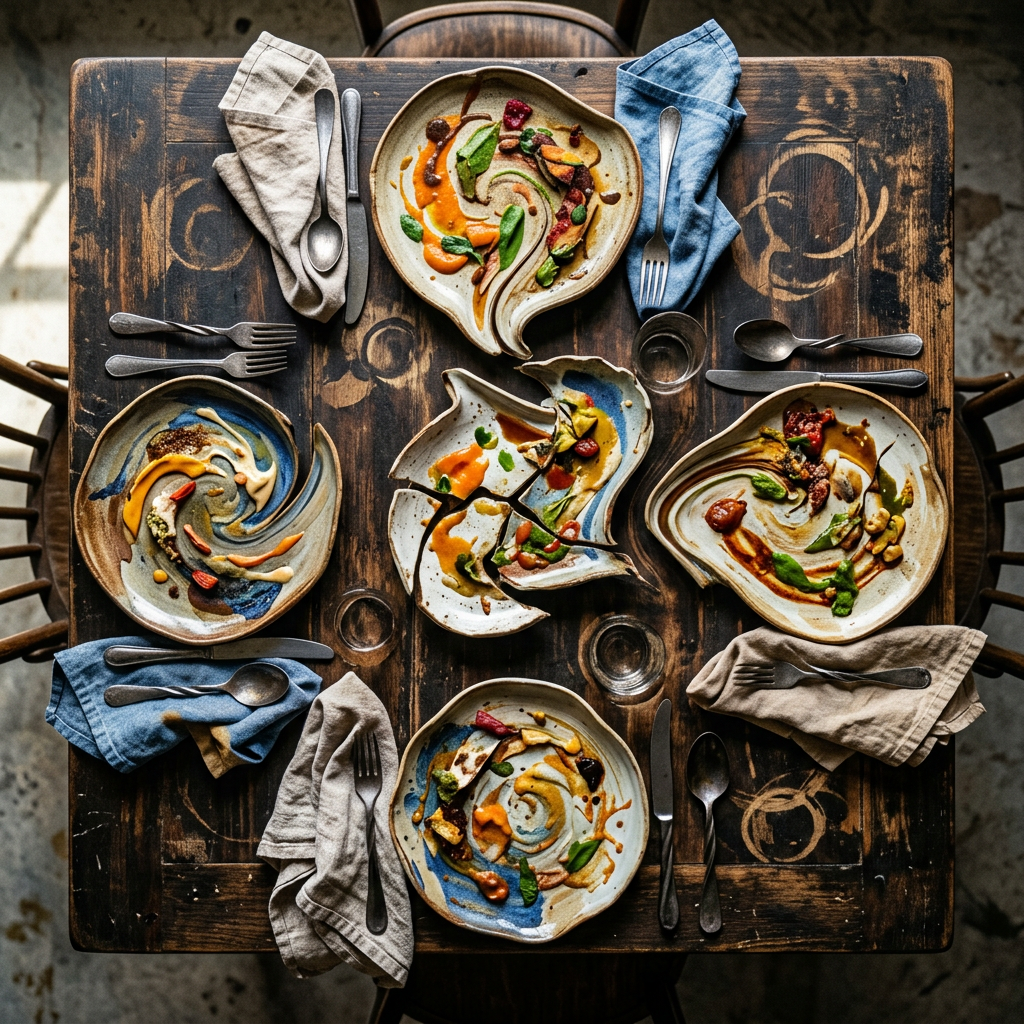 Five unique ceramic plates with colorful sauces and garnishes arranged on a wooden table