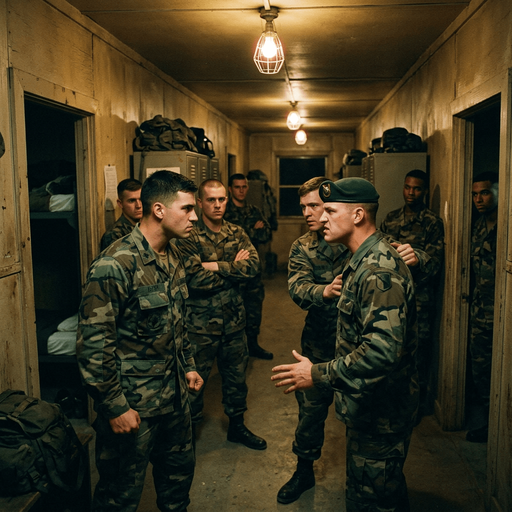 Soldiers in camouflage uniforms confronting each other in a dimly lit barracks hallway
