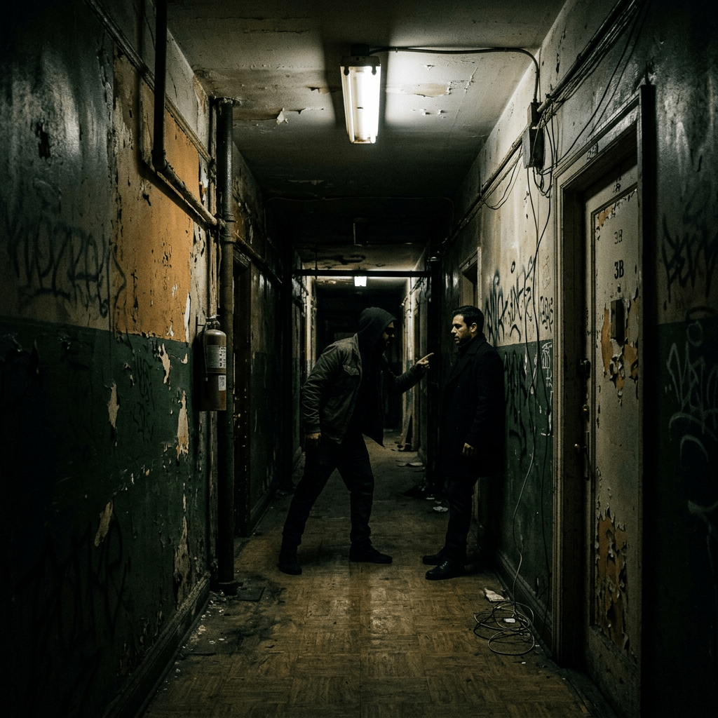 Two men arguing in a narrow, dim hallway covered in graffiti and peeling paint