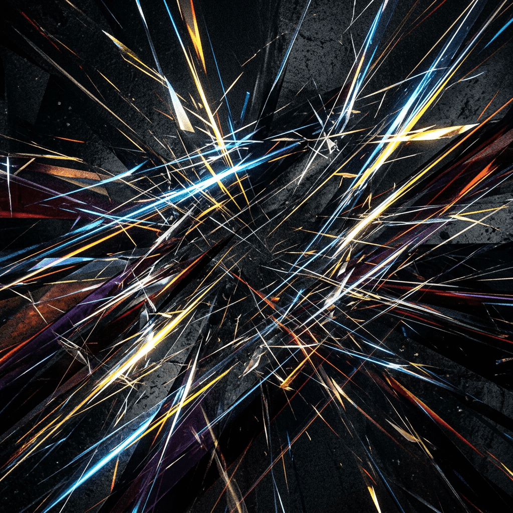 Colorful intersecting streaks of light in blue, yellow, and orange on dark background