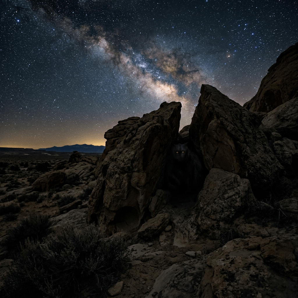 Rocky desert landscape at night with glowing eyes in shadows beneath starry sky