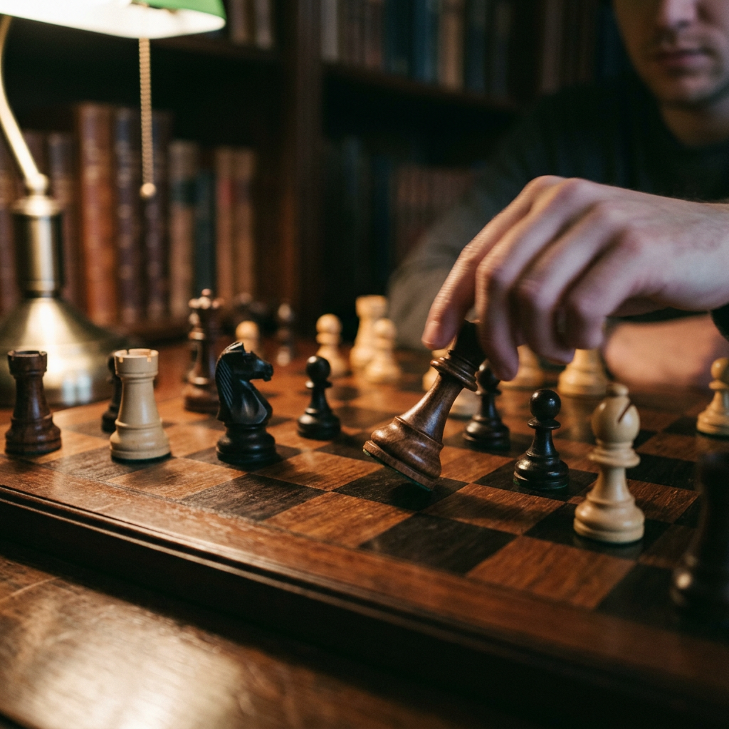 Hand moving a black queen chess piece on a wooden chessboard with bookshelves in the background