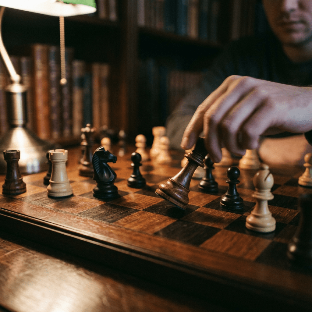 Hand moving a black queen chess piece on a wooden chessboard with bookshelves in the background