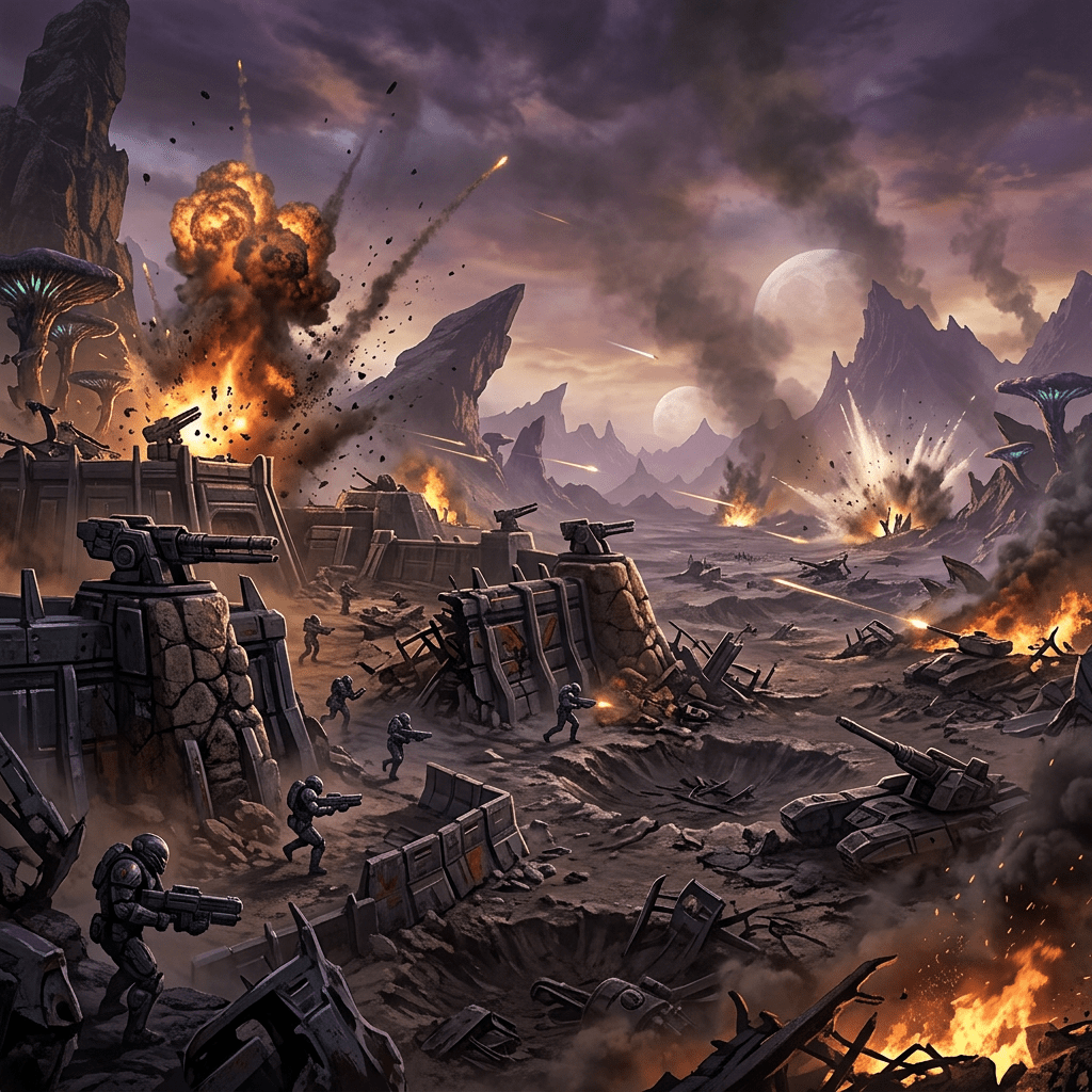 futuristic soldiers fighting in rocky battlefield with explosions and armored turrets