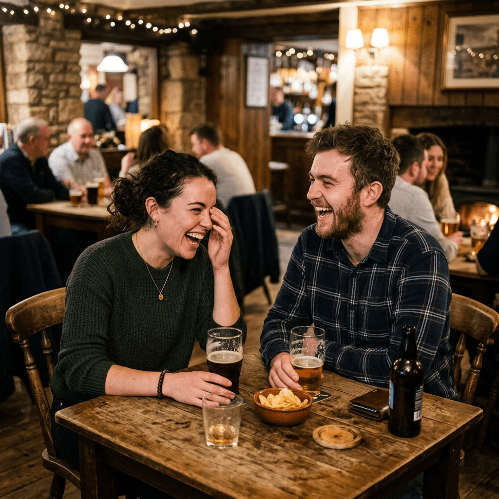 Two people laughing and talking while drinking beer at a wooden table in a pub.