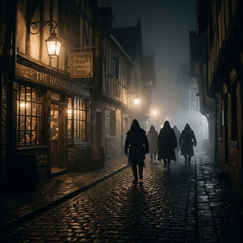 Five cloaked figures walking on a wet cobblestone street at night near a pub called The Hanged Man