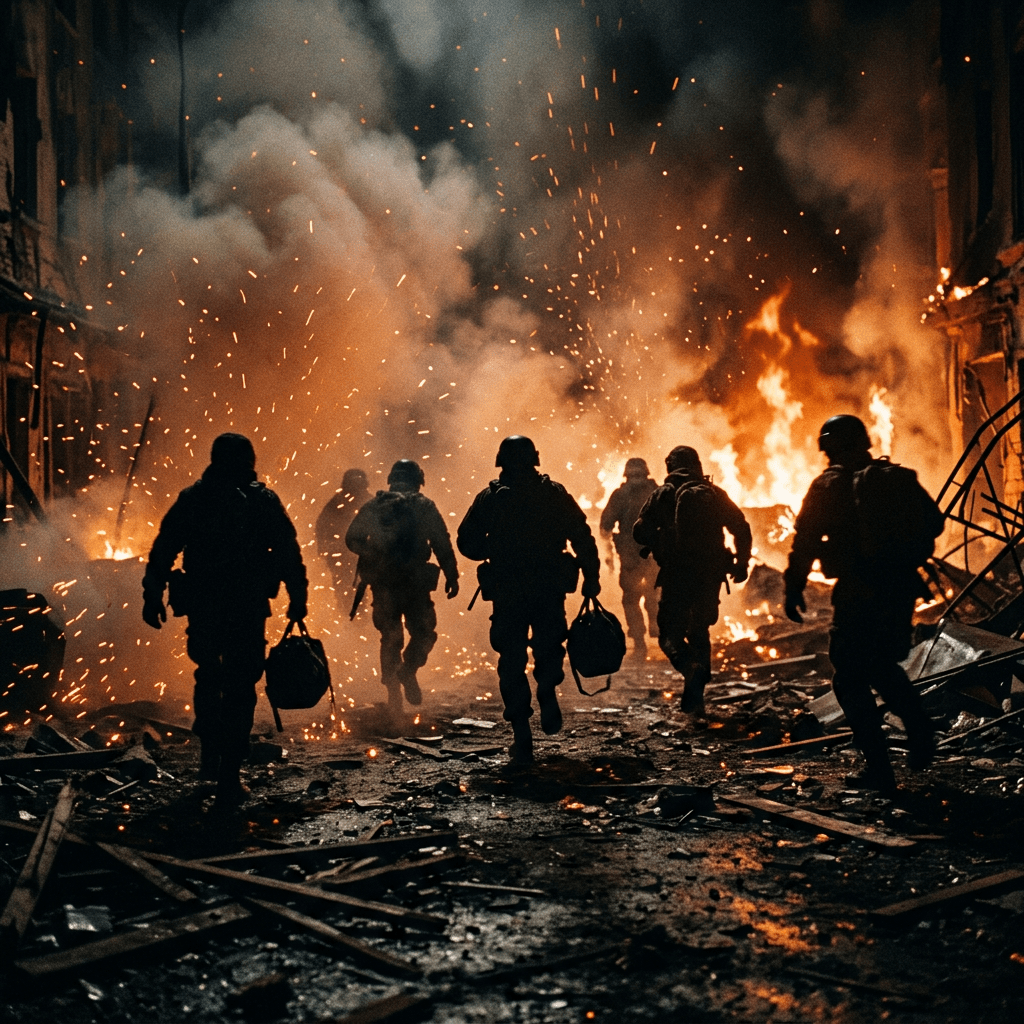 Soldiers wearing helmets and carrying bags running through debris with fire and smoke ahead