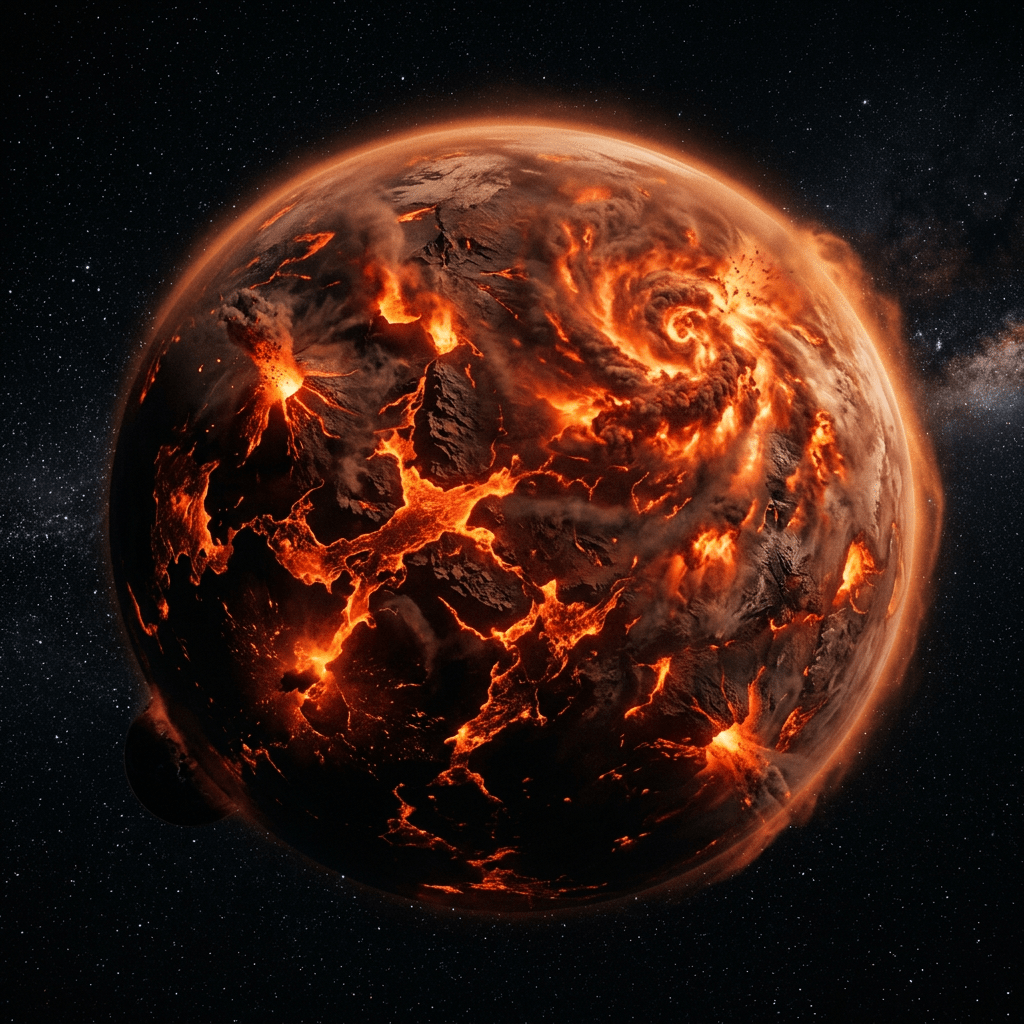 Molten planet with erupting volcanoes and bright lava flows