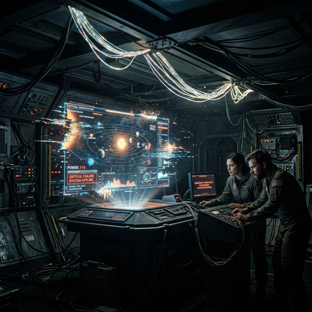 Two astronauts working at a console with a holographic solar system map and critical system alerts