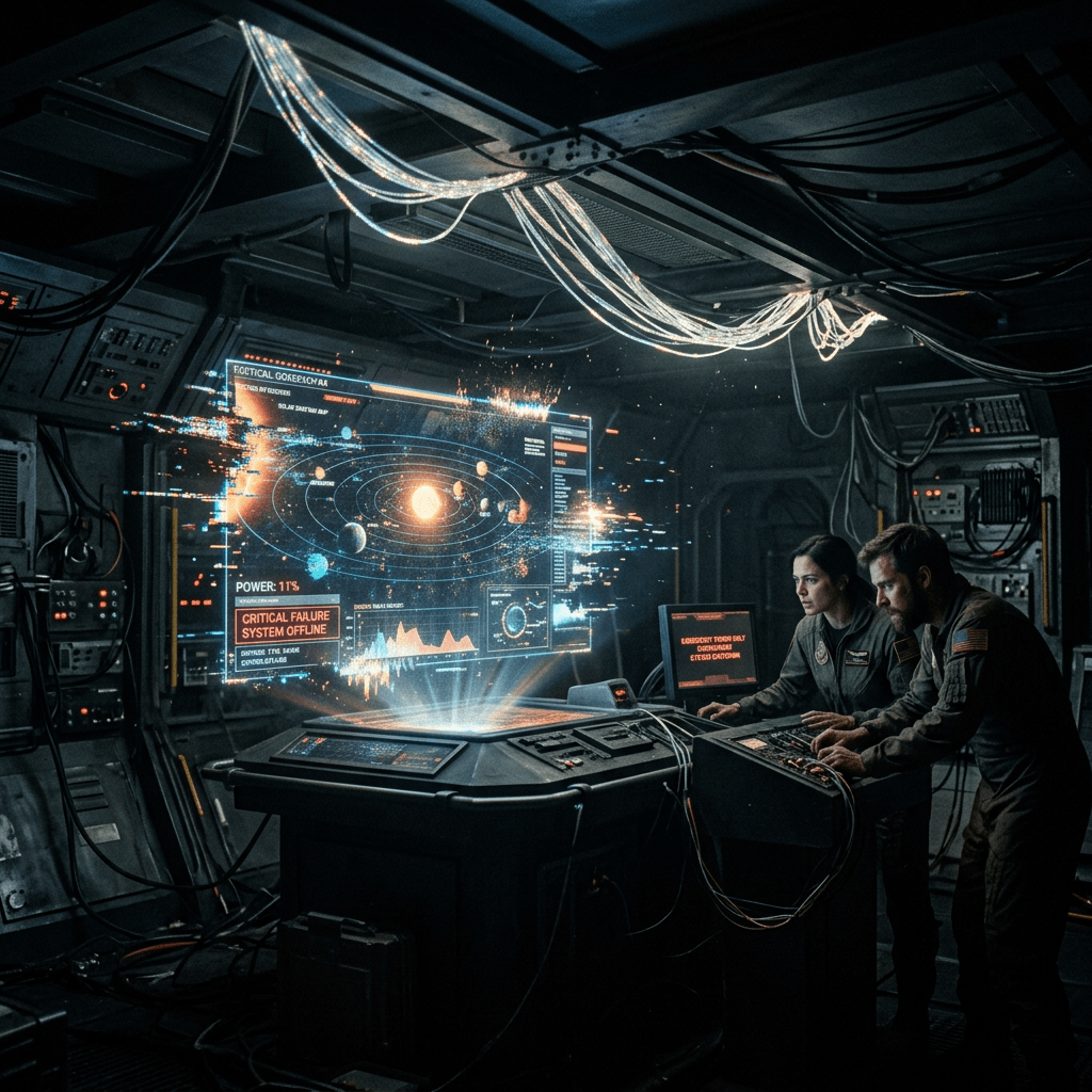 Two astronauts working at a console with a holographic solar system map and critical system alerts