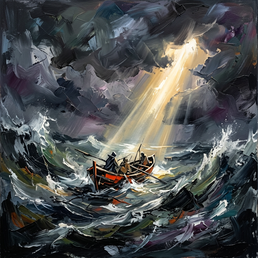 Three people in a small rowboat on a turbulent sea with dark storm clouds and a bright beam of sunlight