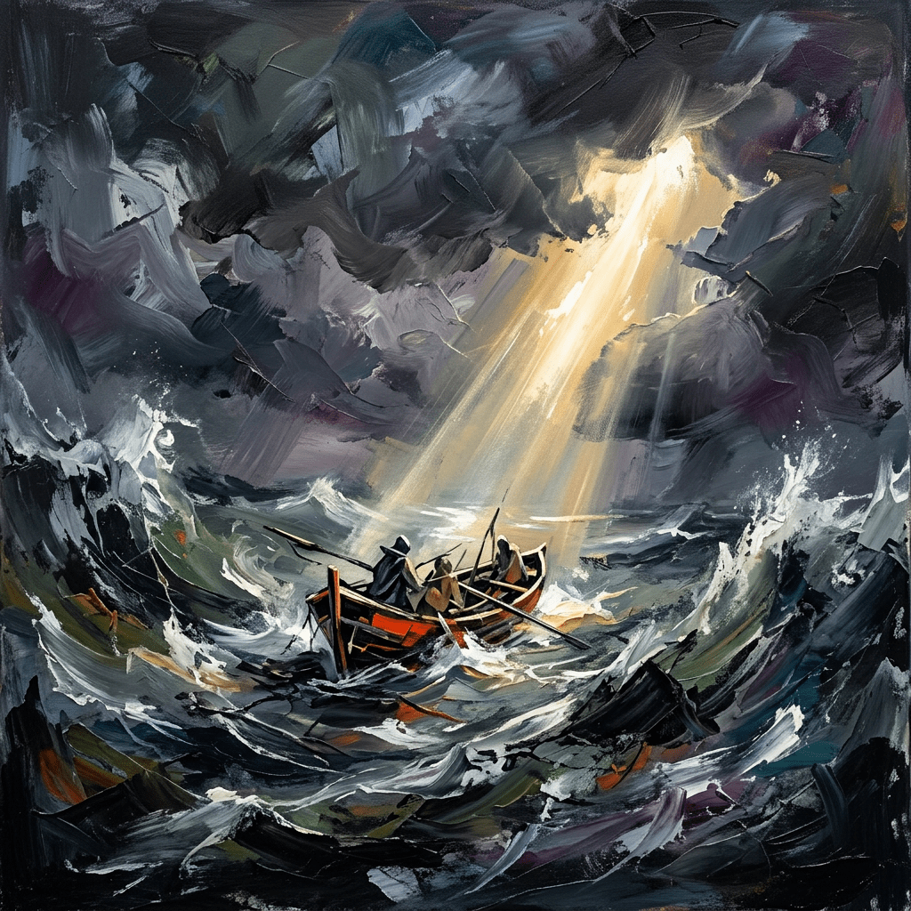Three people in a small rowboat on a turbulent sea with dark storm clouds and a bright beam of sunlight