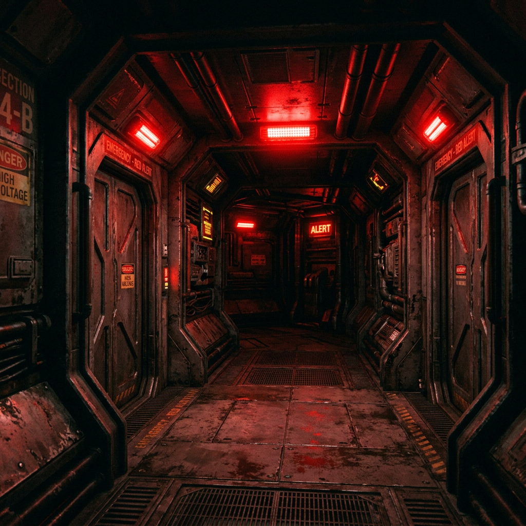 Industrial hallway with red alert lights and warning signs