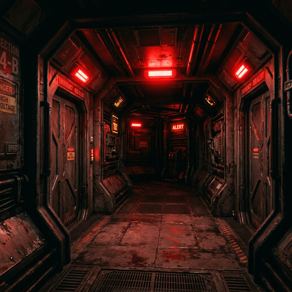 Industrial hallway with red alert lights and warning signs