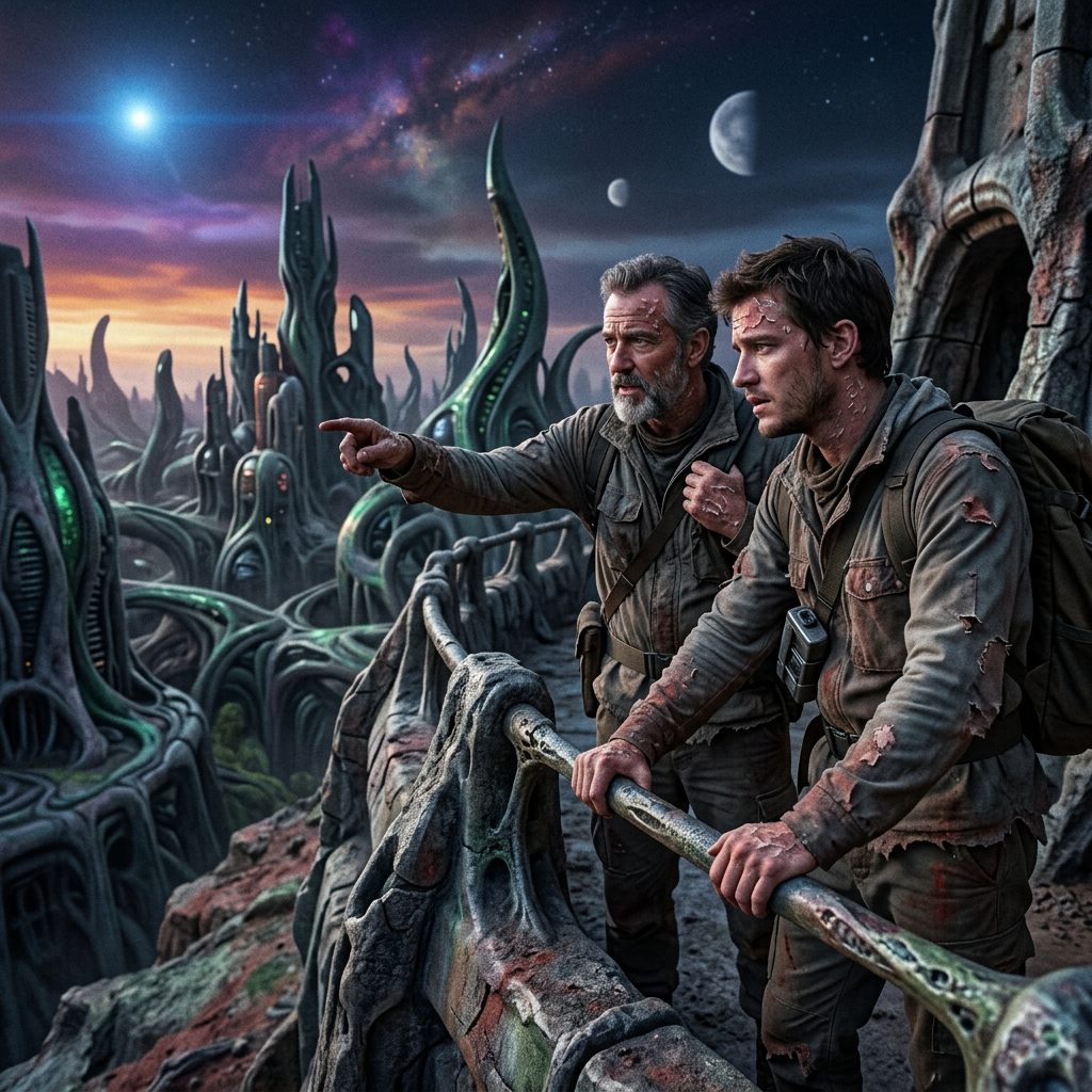 Two men on alien rampart, skin flaking